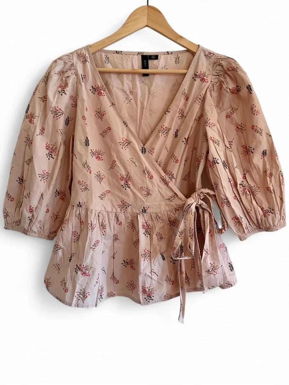 Y.A.S Organic Cotton Floral Wrap Top S Puff Sleeve Peplum Cottagecore Romantic